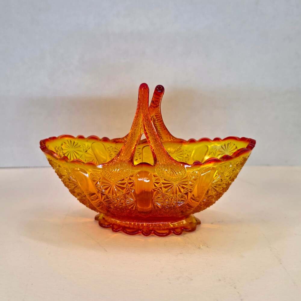 Vtg Fenton Amberina Daisy and Button Pattern Oval Basket with Split Twig Handle